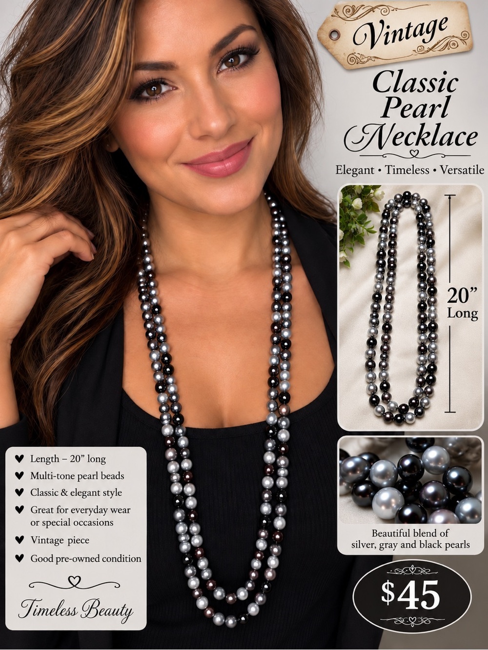 Vintage Multi-Tone Pearl Necklace – Black & Silver